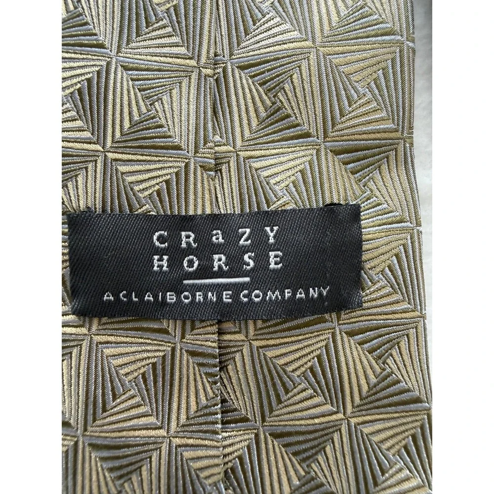 Crazy Horse Necktie Mens OS Geometric Square Gold Grey Silk Excellent